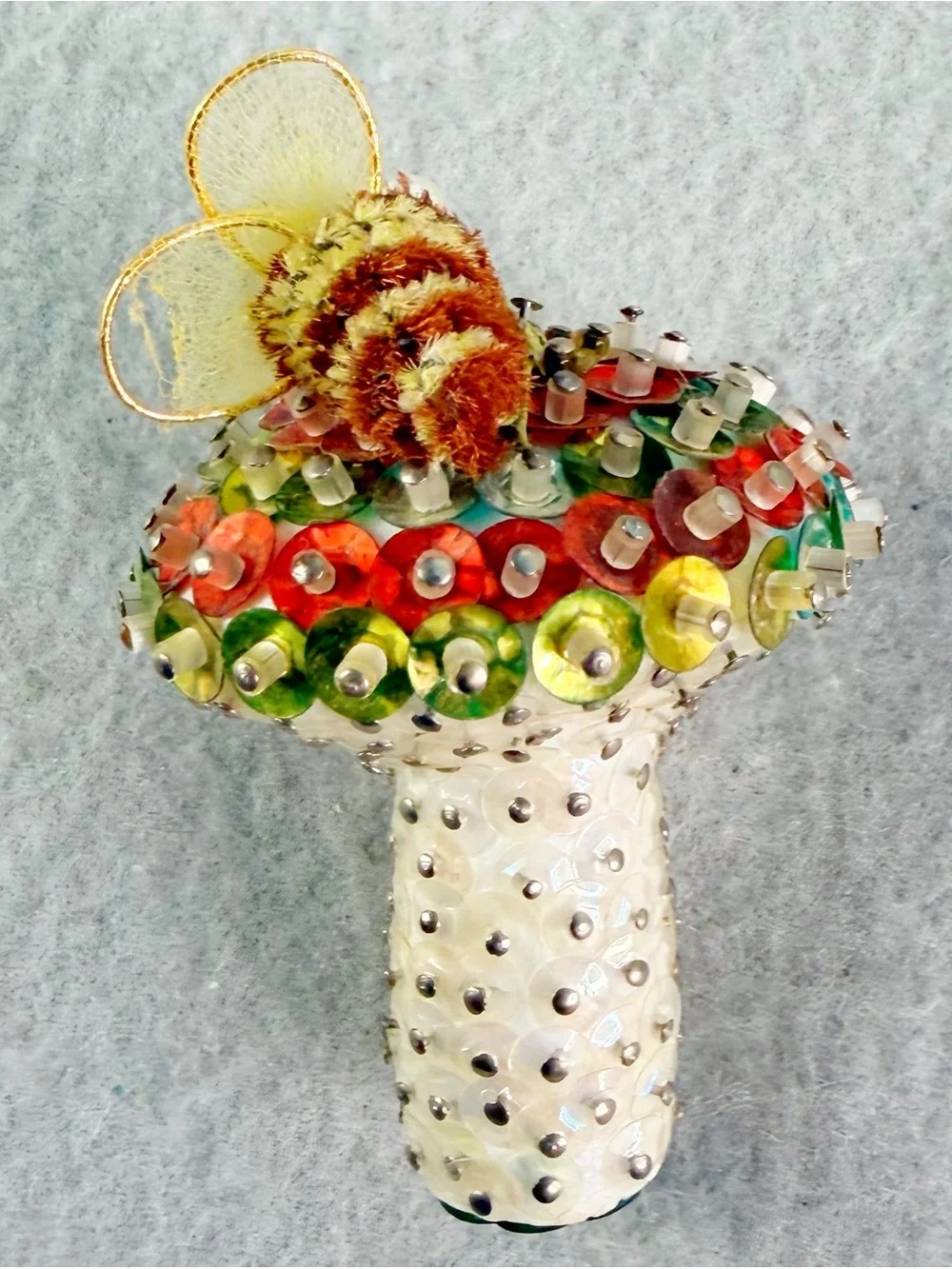 Cottagecore Vintage Walco Beaded Sequin Mushroom and Bee Christmas Ornament Read